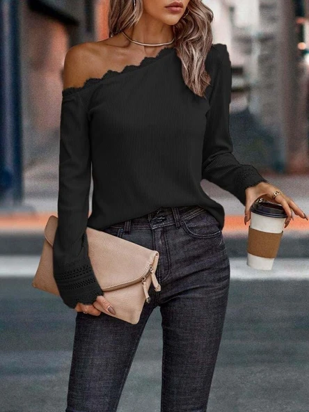 Kadın Uzun Kollu Tek Omuzu Açık Dantelli Burgu Bluz - Resim 2