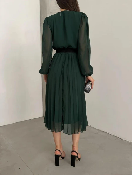 Kadın şifon Kumaş Astalı Kloş Kesim Kruvaze Yaka Midi Boy Elbise - Resim 3