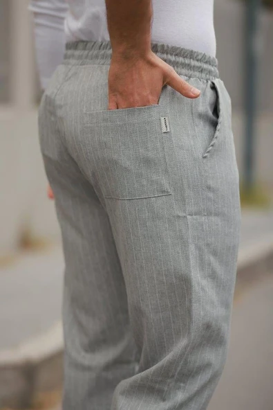 Erkek Beli Bağcıklı çizgili Pantolon - Resim 3