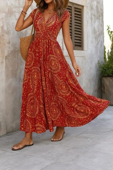 Kadın Kısa Yarasa Kanat Kollu V Yakalı Beli Büzgülü Süprem Elbise - Resim 3