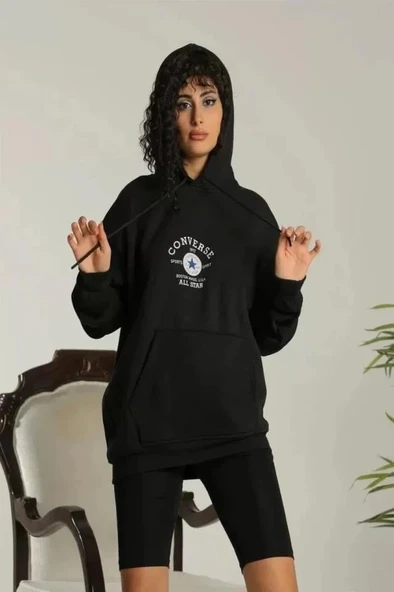 Unisex Kapüşonlu Üç İplik Oversize Baskılı Sweatshirt - Siyah ürün görseli