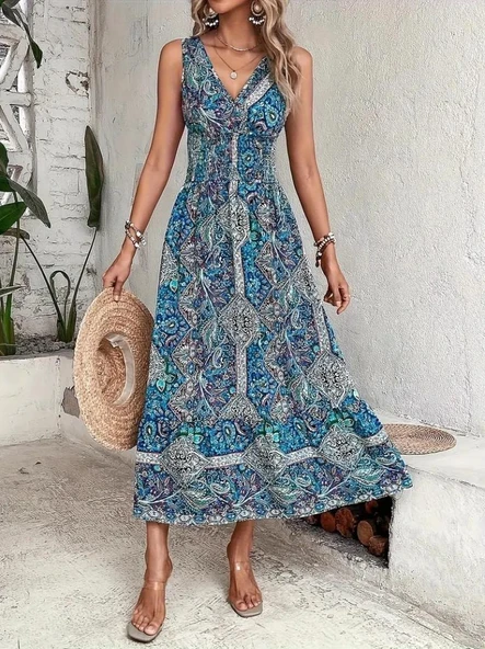 Kadın Beli Gipeli Etnik Desen Sıfır Kol Süprem Elbise - Resim 3