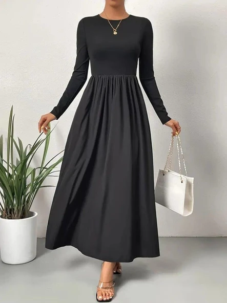 Kadın Uzun Kollu Bisiklet Yaka Uzun üst Viskon Alt Trikoton Elbise - Resim 2