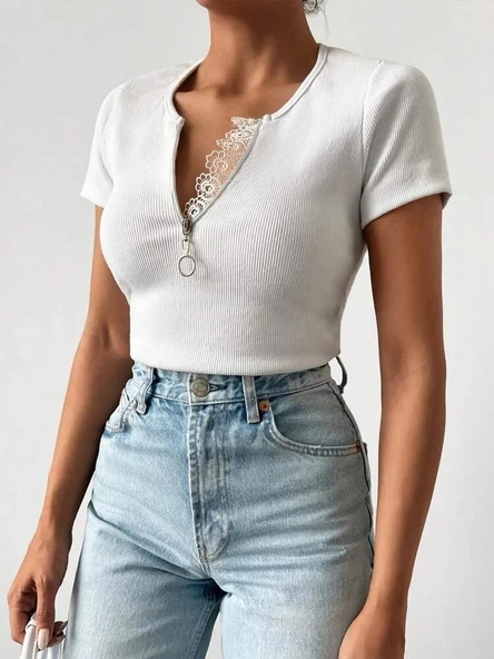 Kadın Beyaz Yaka Dantel Ve Fermuarlı Kaşkorse Bluz - Resim 2