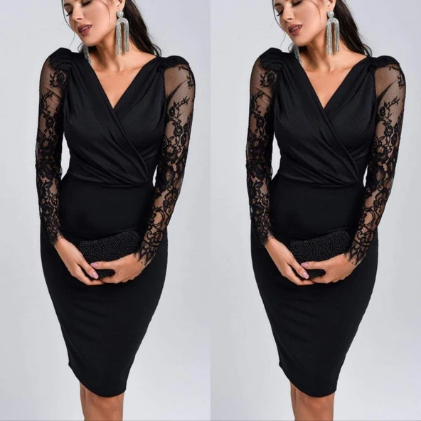 Kadın Uzun Kollu Kruvaze Yaka Kollar Tül Detay Krep Mini Boy Elbise - Resim 3