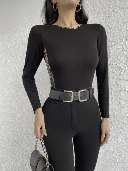 Kadın Uzun Kollu Leopar şeritli Viskon Bluz - Resim 4