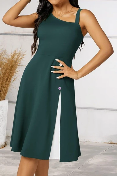 Kadın Tek Omuzu şerit Detaylı Kolsuz Yandan Düğme Detaylı Janjan Krep Elbise - Resim 2