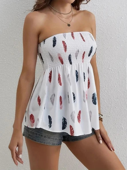 Kadın Yaprak Desenli Göğsü Gipeli Mosskrep Straplez Bluz - Resim 4