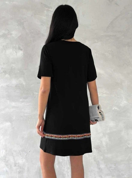 Kadın Kısa Kollu V Yakalı Etnik Desen şerit Detaylı Viskon Elbise - Resim 8