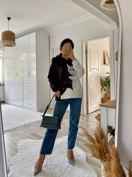 Kadın Uzun Kollu Kapşonlu Bağcıklı Kedi Desenli şardonlu Dalgıç Bluz - Resim 5