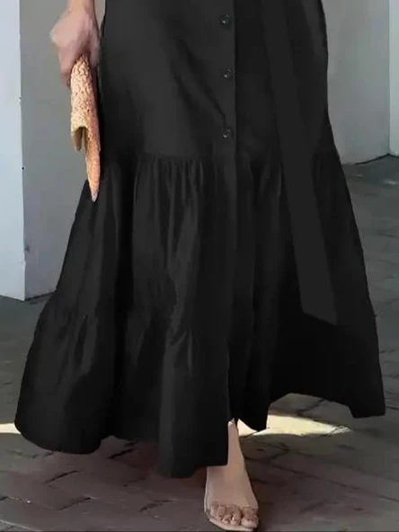 Kadın Uzun Kollu Eteği Fırfırlı Beli Kuşaklı Trikoton Tam Boy Gömlek Elbise - Resim 2