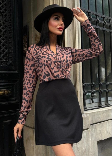 Kadın Uzun Kollu Kruvaze Yaka Krep Mini Boy Elbise ürün görseli