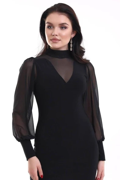 Kadın Balıkçı Yaka Transparan Detay Fırsat ürün Sandy Kumaş Mini Elbise - Resim 3