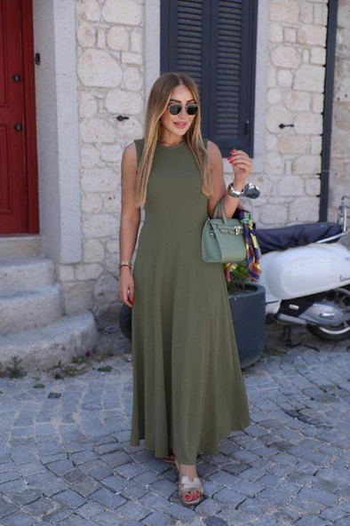 Kadın Sıfır Kollu Bisiklet Yaka Viskon Elbise - Resim 4