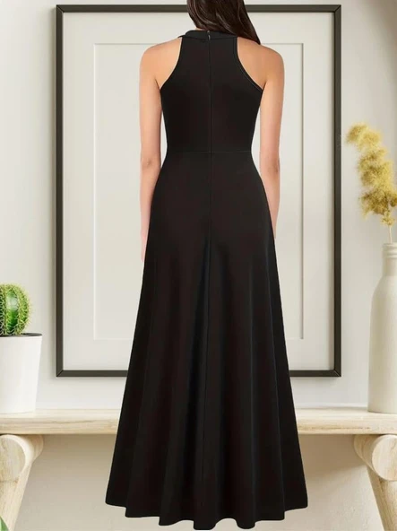 Kadın Halter Yaka Derin Yırtmaç Detaylı Tam Boy Ithal Krep Abiye Elbise - Resim 2