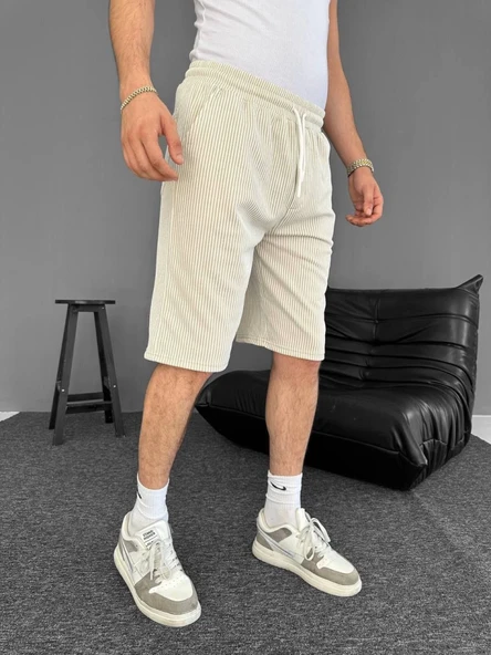 Su Yolu Çizgili Cepli Şort- Bej - Resim 3