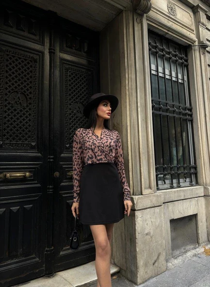 Kadın Uzun Kollu Kruvaze Yaka Krep Mini Boy Elbise - Resim 4