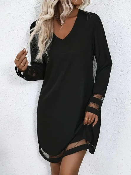 Kadın Uzun Kollu V Yakalı şeritli Tül Detaylı Ithal Krep Elbise ürün görseli