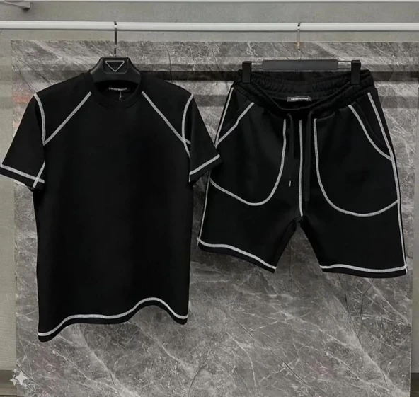 Unisex Karoyaka Dikişli Şortlu Takım - Siyah ürün görseli