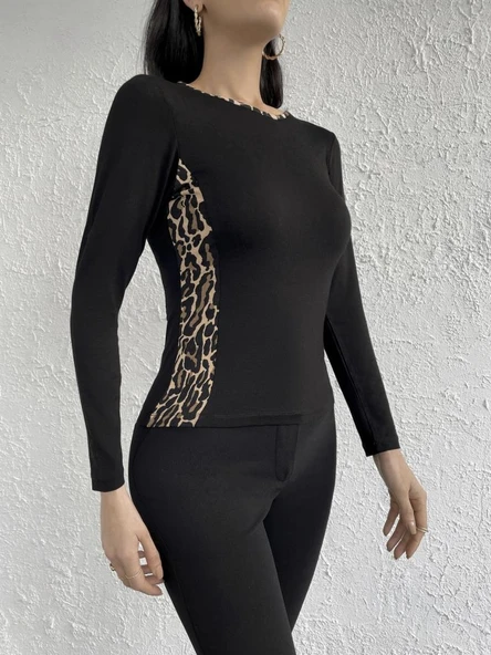 Kadın Uzun Kollu Leopar şeritli Viskon Bluz - Resim 6