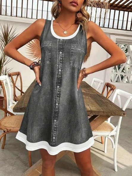 Kadın Askılı Yuvarlak Yakalı Kot Görünümlü Kısa Süprem Elbise - Resim 5