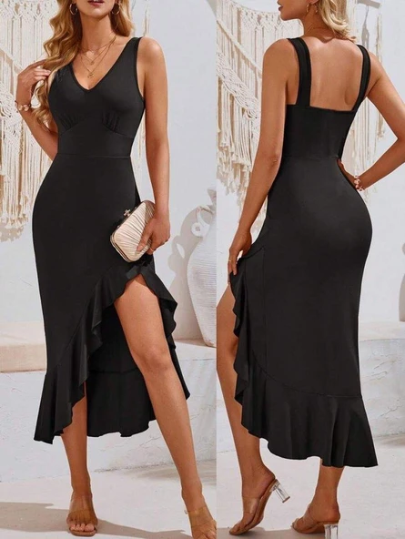 Kadın Askılı V Yakalı önden Fırfırlı Uzun Dalgıç Elbise ürün görseli