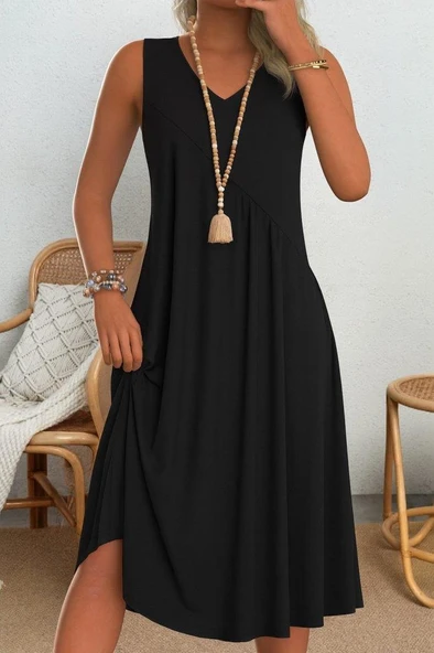 Kadın Kolsuz V Yakalı Mikro Elbise - Resim 3