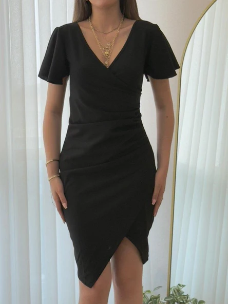 Kadın Kısa Kollu Volanlı Kruvaze Yaka Yanlardan Büzgülü Ithal Krep Elbise - Resim 2