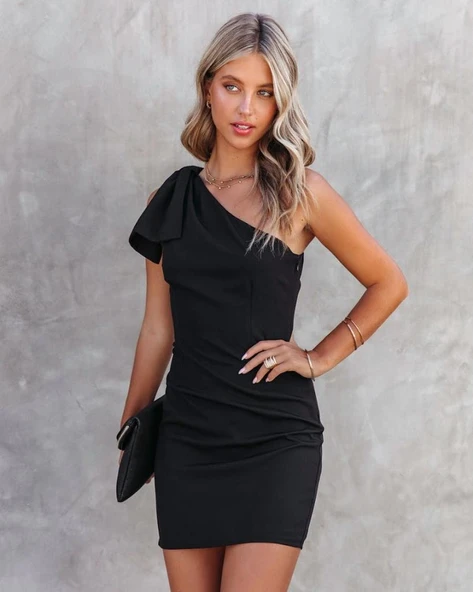 Kadın Tek Omuzu Açık Kelebek Detaylı Janjan Krep Elbise - Resim 4