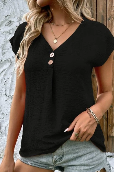 Kadın Kısa Kollu V Yakalı Düğmeli Keten Bluz ürün görseli