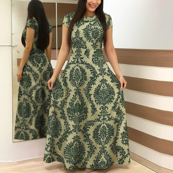 Kadın Kısa Kollu Bisiklet Yaka Puantiyeli Maksi örme Krep Elbise - Resim 3