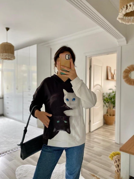 Kadın Uzun Kollu Kapşonlu Bağcıklı Kedi Desenli şardonlu Dalgıç Bluz - Resim 10