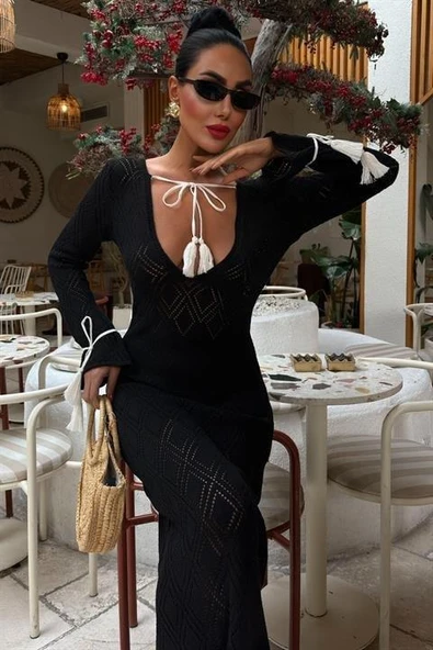 Püskül Bağcık Detaylı V Yaka Ajurlu Elbise 2850 - Resim 6