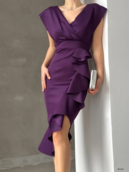 Scuba Kumaş Önü Fırfırlı Midi Boy Elbise - Resim 5