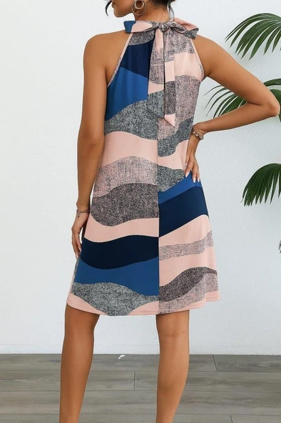 Kadın Kolsuz Boyundan Askılı Desenli Midi Süprem Elbise - Resim 2