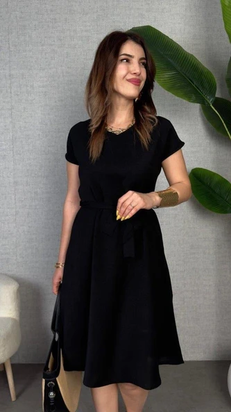 Kadın Kısa Kollu V Yakalı Beli Kuşaklı Ithal Keten Elbise - Resim 2