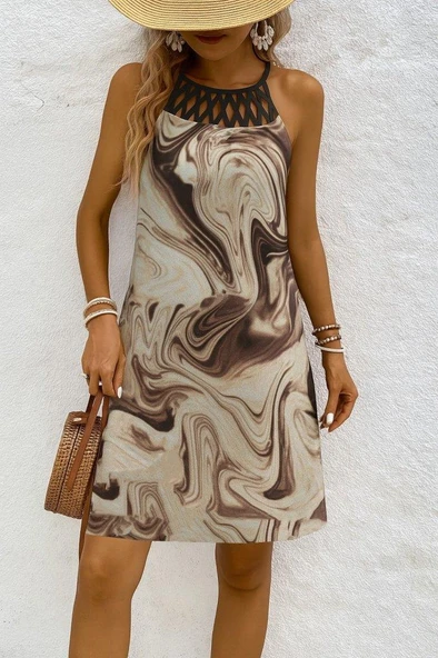 Kadın Sıfır Kol Soğuk Omuz Yaka Baskılı Süprem Elbise - Resim 2