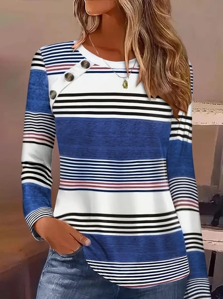 Kadın Uzun Kollu Bisiklet Yaka Düğme Detaylı Desenli Süprem Bluz - Resim 3