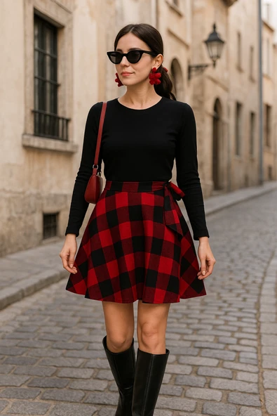 Kadın Uzun Kollu Bisiklet Yaka üst Viskon Alt Ekose Kısa Elbise ürün görseli