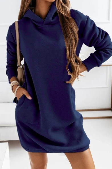 Kadın Uzun Kollu Kapşonlu Kısa Iki Iplik Elbise - Resim 3