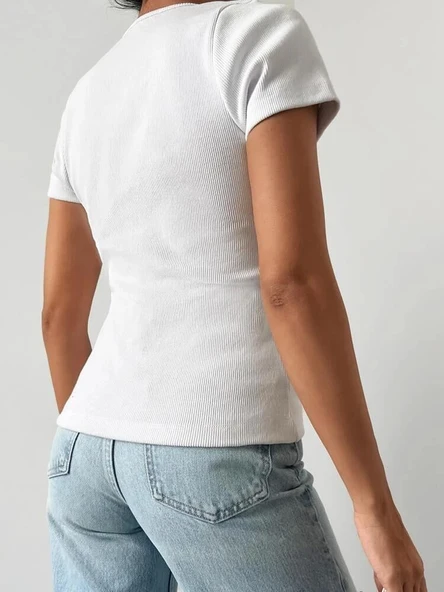 Kadın Beyaz Yaka Dantel Ve Fermuarlı Kaşkorse Bluz - Resim 4