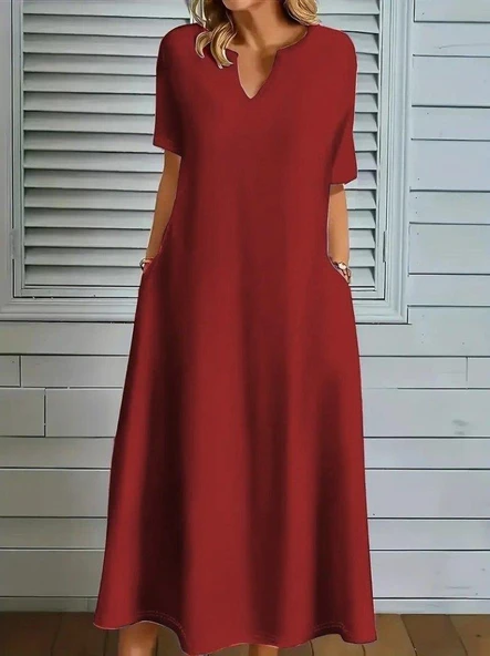 Kadın Kısa Kollu V Yakalı Cep Detaylı Uzun Janjan Krep Elbise ürün görseli