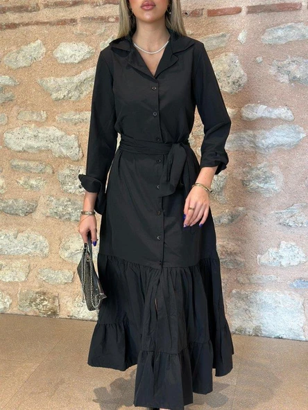 Kadın Uzun Kollu Eteği Fırfırlı Beli Kuşaklı Trikoton Tam Boy Gömlek Elbise - Resim 2