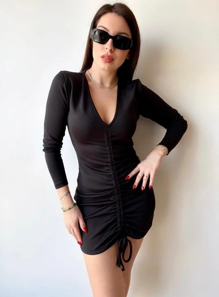 Kadın V Yaka önü Asansör Büzgü Detay Fırsat ürün Mini Elbise - Resim 2