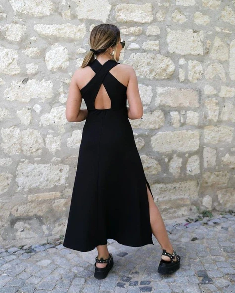 Kadın Arkadan çapraz Detay Yuvarlak Yaka Maksi Viskon Elbise - Resim 4