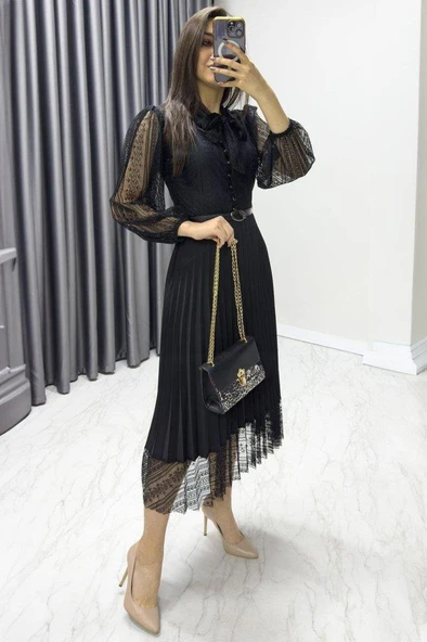 Kadın Denim Kumaş Dantel Detay Pileseli Elbise - Resim 3