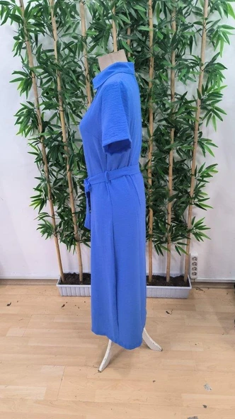 Kadın Kısa Kollu Yakalı önden Düğmeli Beli Kuşaklı Ithal Keten Elbise - Resim 5