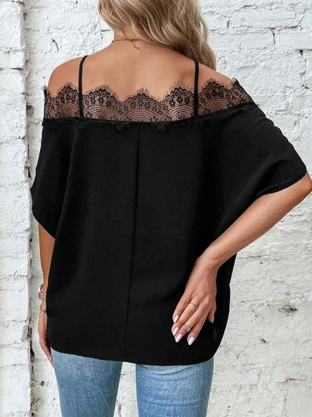 Kadın Askılı Dantel Janjan Krep Bluz - Resim 3