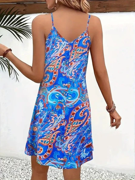 Kadın Ip Askılı V Yakalı Desenli Kısa Süprem Mini Elbise - Resim 2