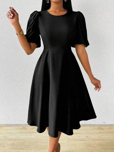 Kadın Kısa Balon Kollu Bisiklet Yaka Kiloş Janjan Krep Elbise - Resim 3